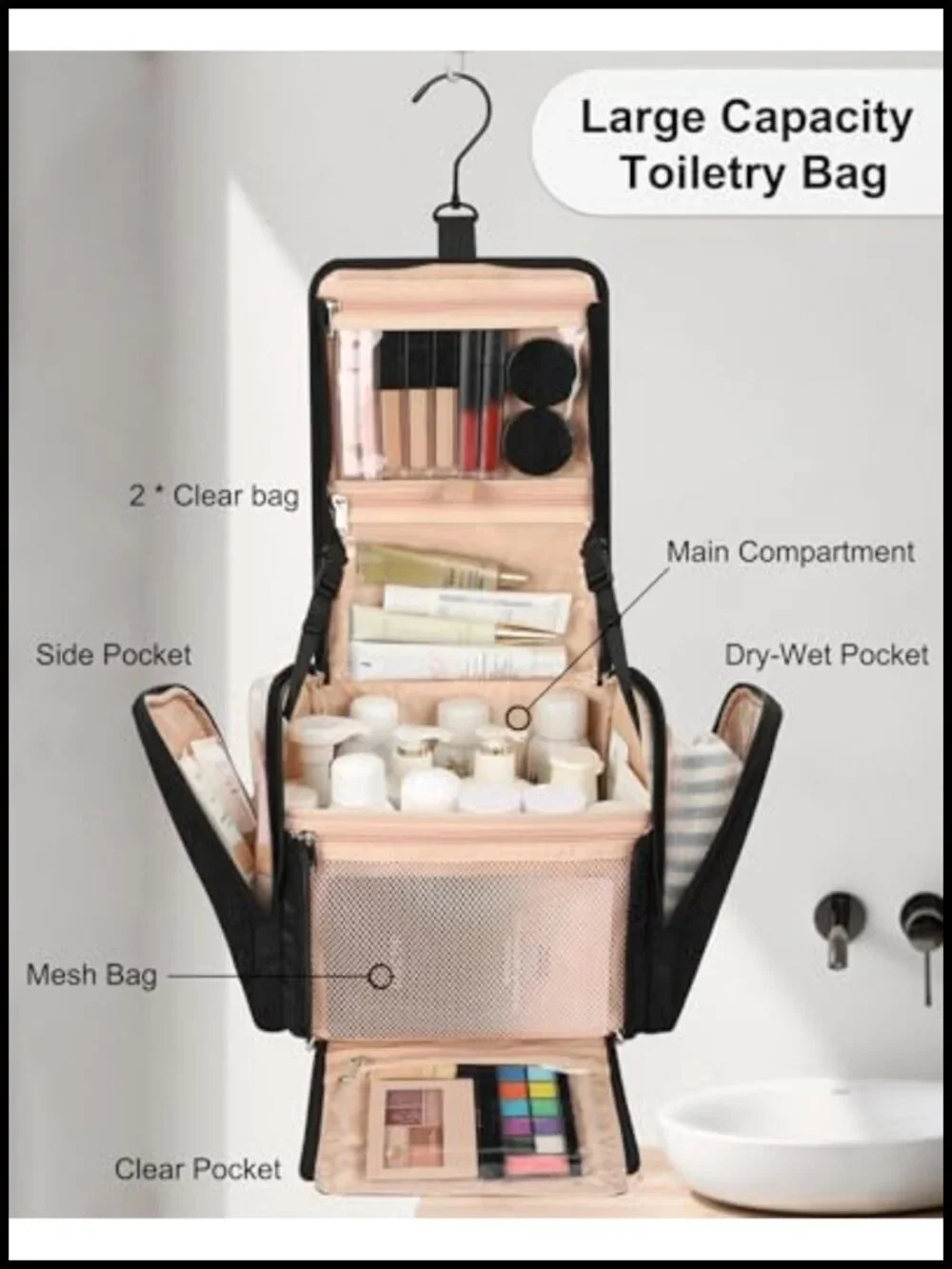 Large Hanging Toiletry Bag 360° Swivel Hook Water Resistant Nylon Travel
